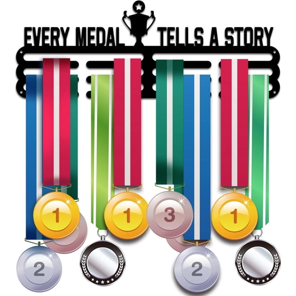 PH Medal Hanger Holder Display Rack Every Medal Tells A Story Medal Hanger Awards Ribbon Cheer 3 Lines Sport Award Rack Wall Mount Frame Gymnastics Softball Holder for Over 50 Medals for DIY