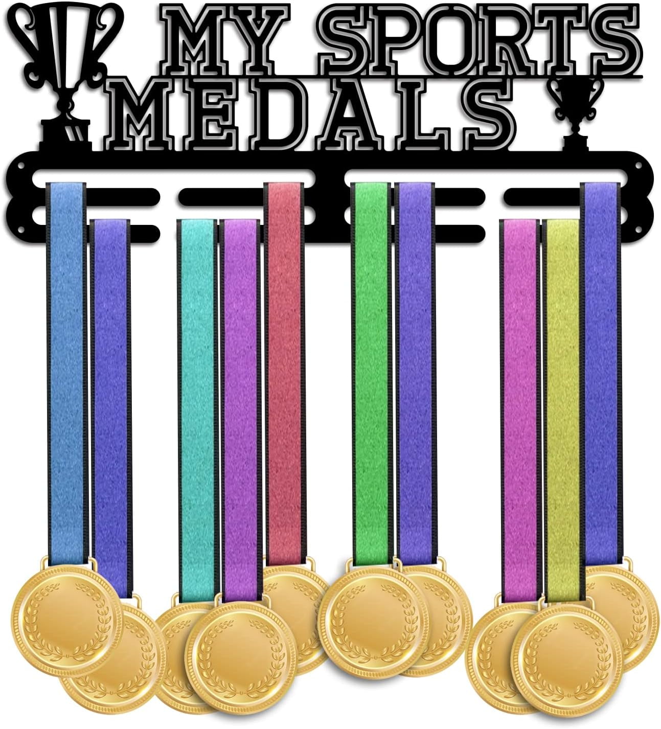 PH Medal Hanger Holder Trophy Medal Display Rack Hanger Awards Ribbon Cheer 2 Lines Sport Award Rack Wall Mount Iron Frame for Over 50 Medals Necklace Jewelry 15.75 Inch/40cm for DIY