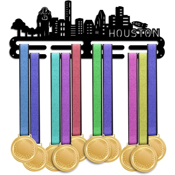 PH Medal Holder Houston Medal Hanger Display Rack City Silhouette Hanger Awards Ribbon Cheer Tiered Sport Award Rack Wall Mount Metal Frame for Over 50 Medals Necklace Jewelry Black