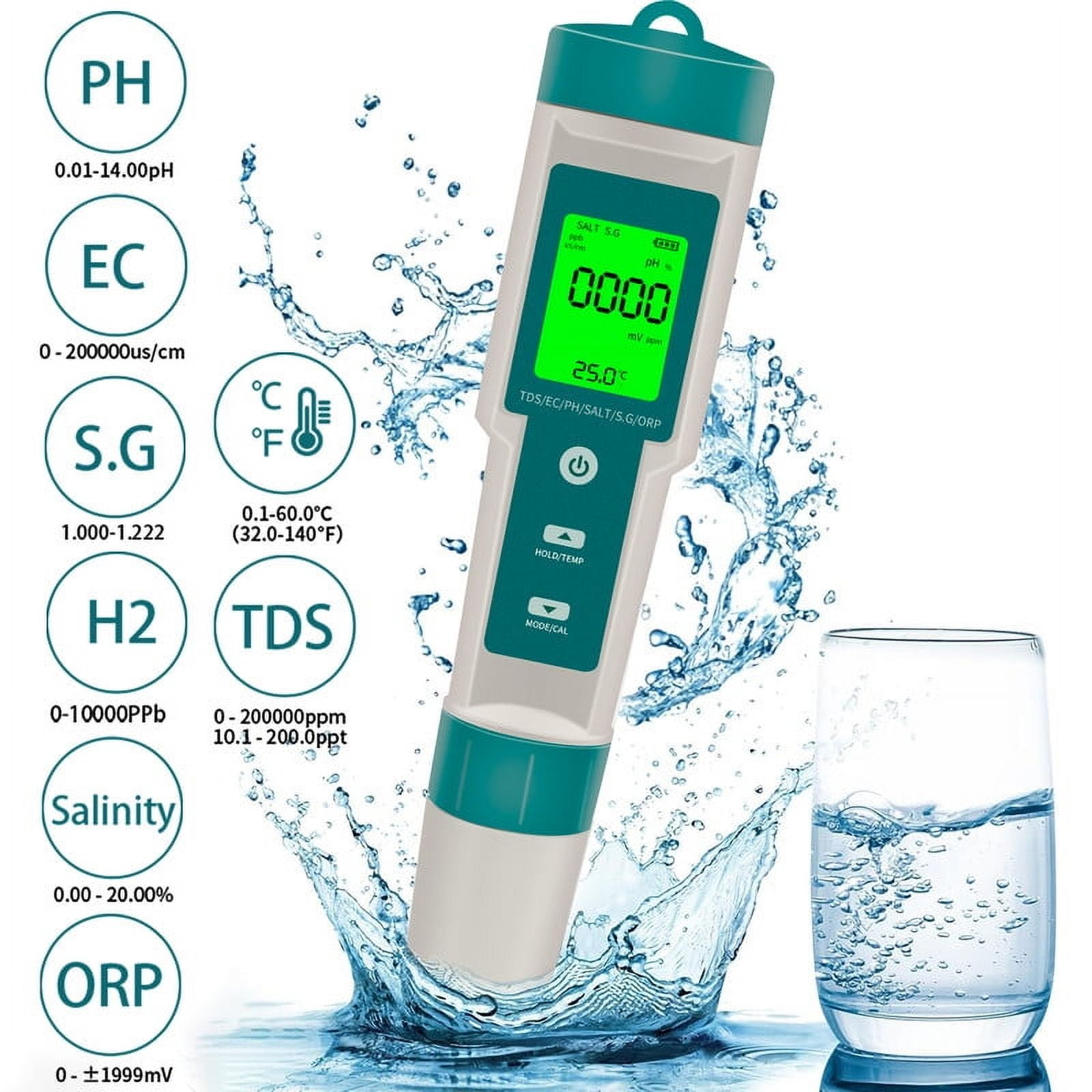 PH Meter 8 in 1 Water Quality Tester Pen Meter, Digital PH Pen for TDS/EC/Salinity/Temp/ORP/S. G/PH/H2, Drinking Water Aquariums Hydroponic Cooking Tester Measure, Plants, Aquarium and Pool