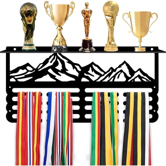 PH Moutain Peak Medal and Trophy Display Rack with Hook Medal Hanger Medal Frame with Trophy Shelf Organizer for Over 60+ Medals Awards Ribbon Shelf for Wall Athletes Competition Black