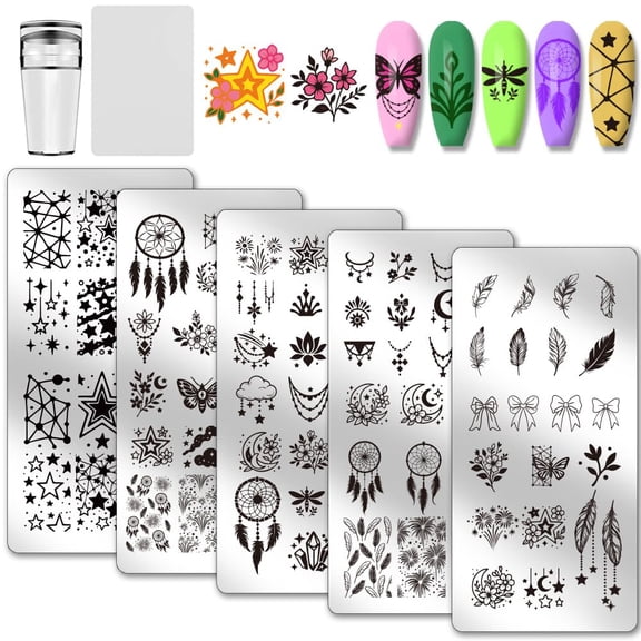 PH Nail Stamping Plate Kit with Silicone Nail Stamper 5pcs Fantasy Feather Dreamcatcher Art Templates Nail Art Stencils Stainless Steel Image Plates with Scraper Tool for Manicures Salon Gray