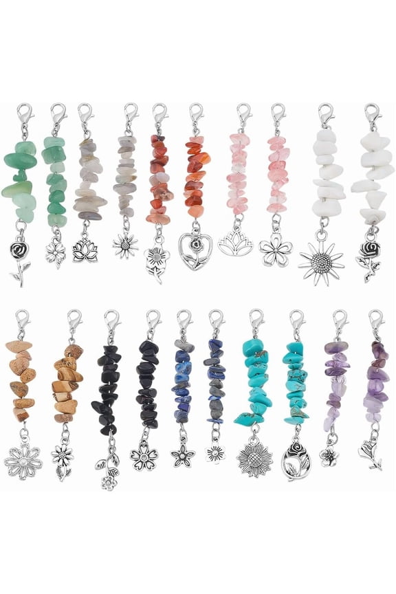 PH Natural Gemstone Chips Stone Bead Charms Keychain with Lobster Clasps Alloy Flower Pendant Keychain Gold