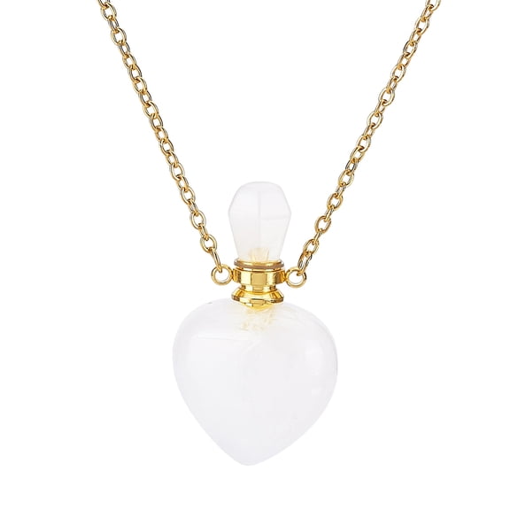 PH Natural Quartz Perfume Bottle Necklace Heart Shape Essential Oil Diffuser Bottle Real Clear Quartz Gemstone Necklace Golden Chain for Women