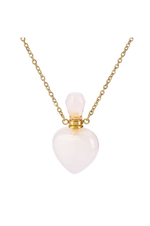 PH Natural Rose Quartz Perfume Bottle Necklace Heart Shape Essential Oil Diffuser Bottle Real Quartz Stone Necklace Golden Chain for Women Jewelry