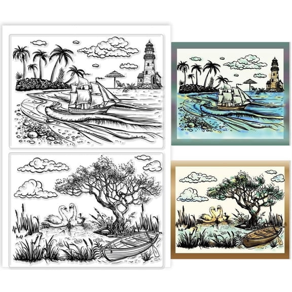 PH Natural Scenery Clear Stamps Lake Boats Rubber Stamp Swan Silicone Stamp River Transparent Stamp Trees Seal Stamps for Card Making Scrapbooking Journal Photo Album Decor 6.2x4.3 Inch
