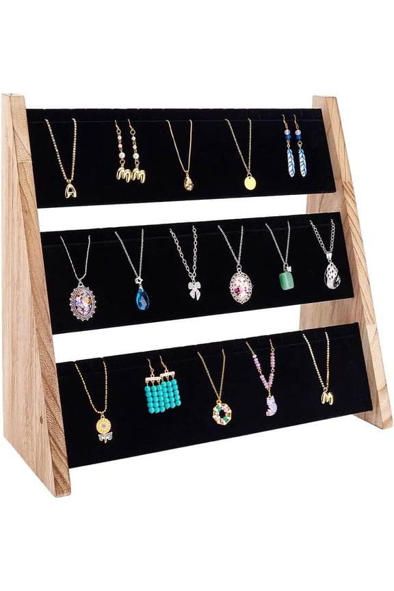 PH Necklace Jewelry Display Holder 3 Tier Wood Pendant Holder Display Stand with Black Velvet Large Capacity Necklace Organizer Stand Jewelry Display for Home or Selling Show for DIY