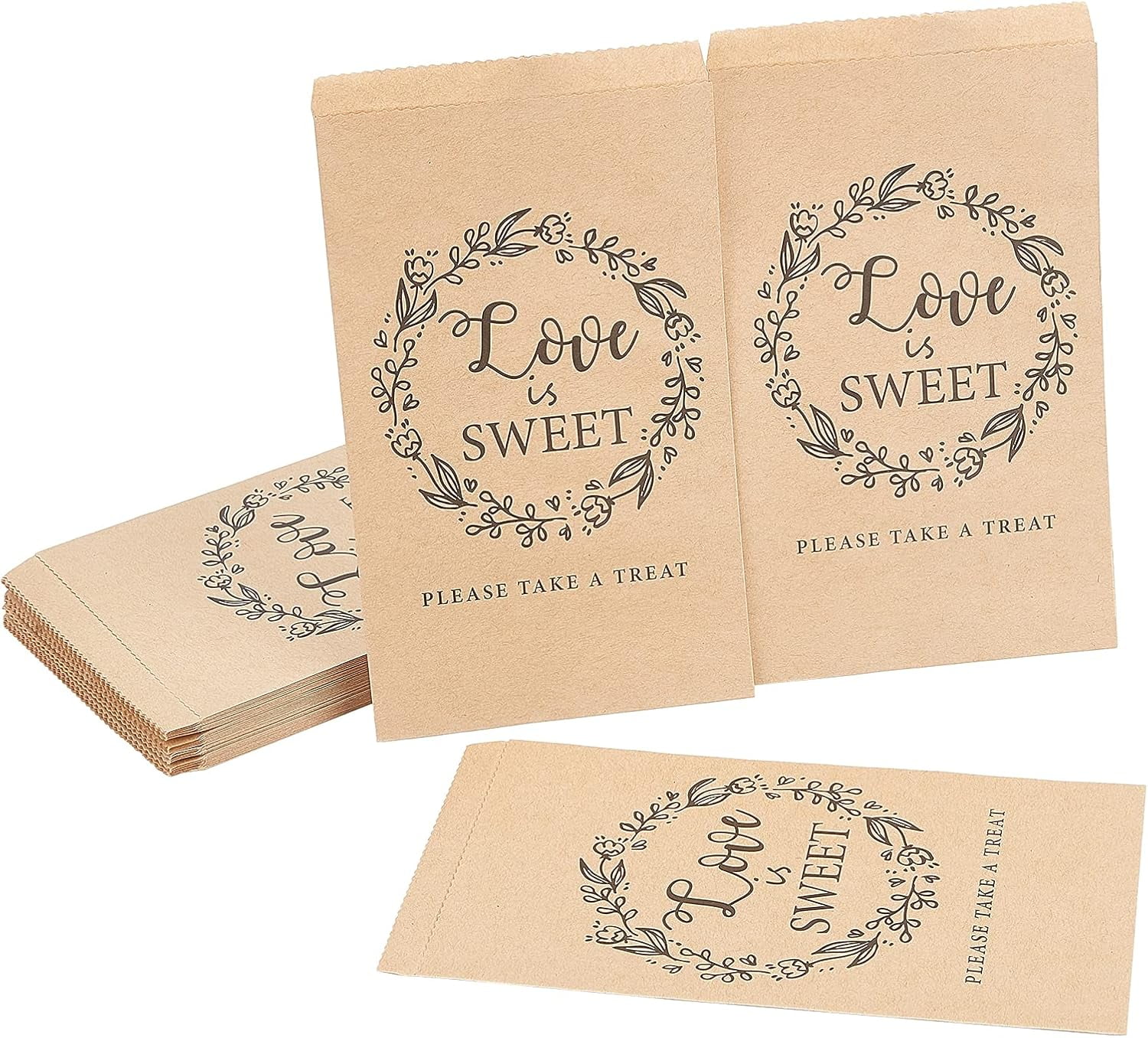 PH PandaHall 100pcs Paper Bags 4.5x7.5 Kraft Paper Treat Bags Small Flat Paper Favor Bag For Valentine Wedding Party Gift Candy Bar Baptism Card Small Business, Brown, Love Is Sweet
