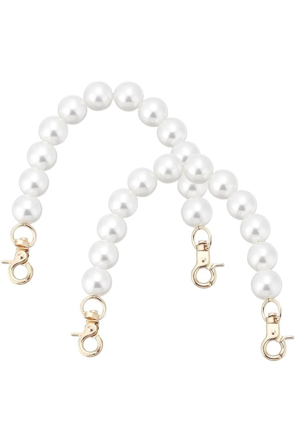PH Pearl Bag Straps 2pcs 9.6 Inch Decorative Purse Extender 15mm Round White Pearl Beaded Bag Chain with Golden Swivel Clasps Replacement Straps Charms for DIY Handbag Wallet Clutch Tote for DIY