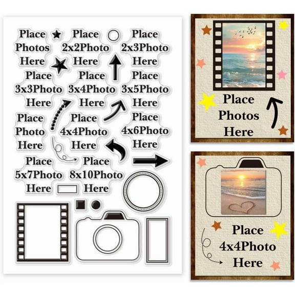 PH Place Photo Here Clear Stamp Arrow Silicone Stamp Camera Rubber Stamp Image Frame Transparent Stamp Picture Size Seal Stamp for Album Scrapbooking Card Making Craft 6.2x4.3 Inch colorful DIY