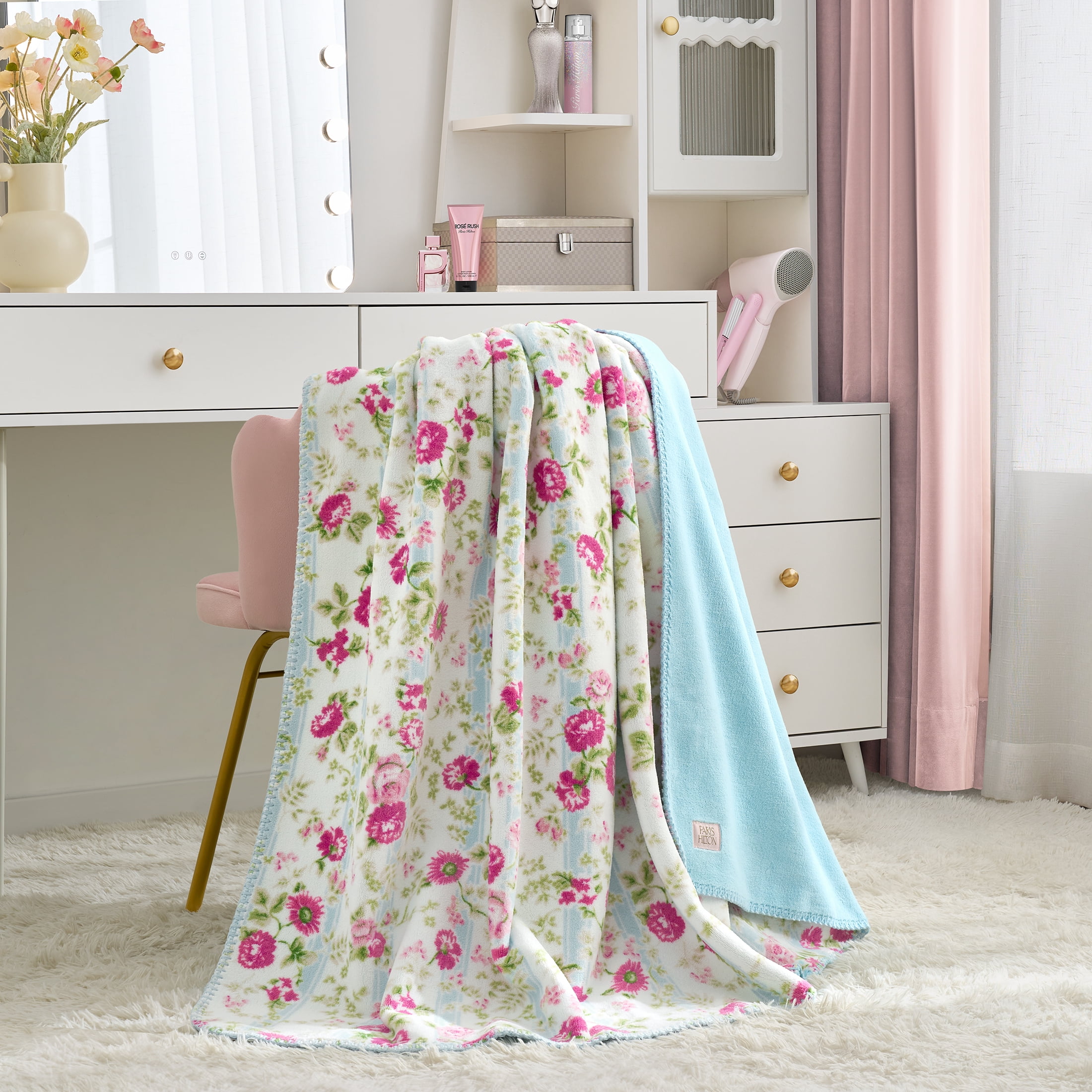 Paris Hilton Plush Throw Blanket, Reversible Fleece, 60" x 70", Blue Floral Stripe