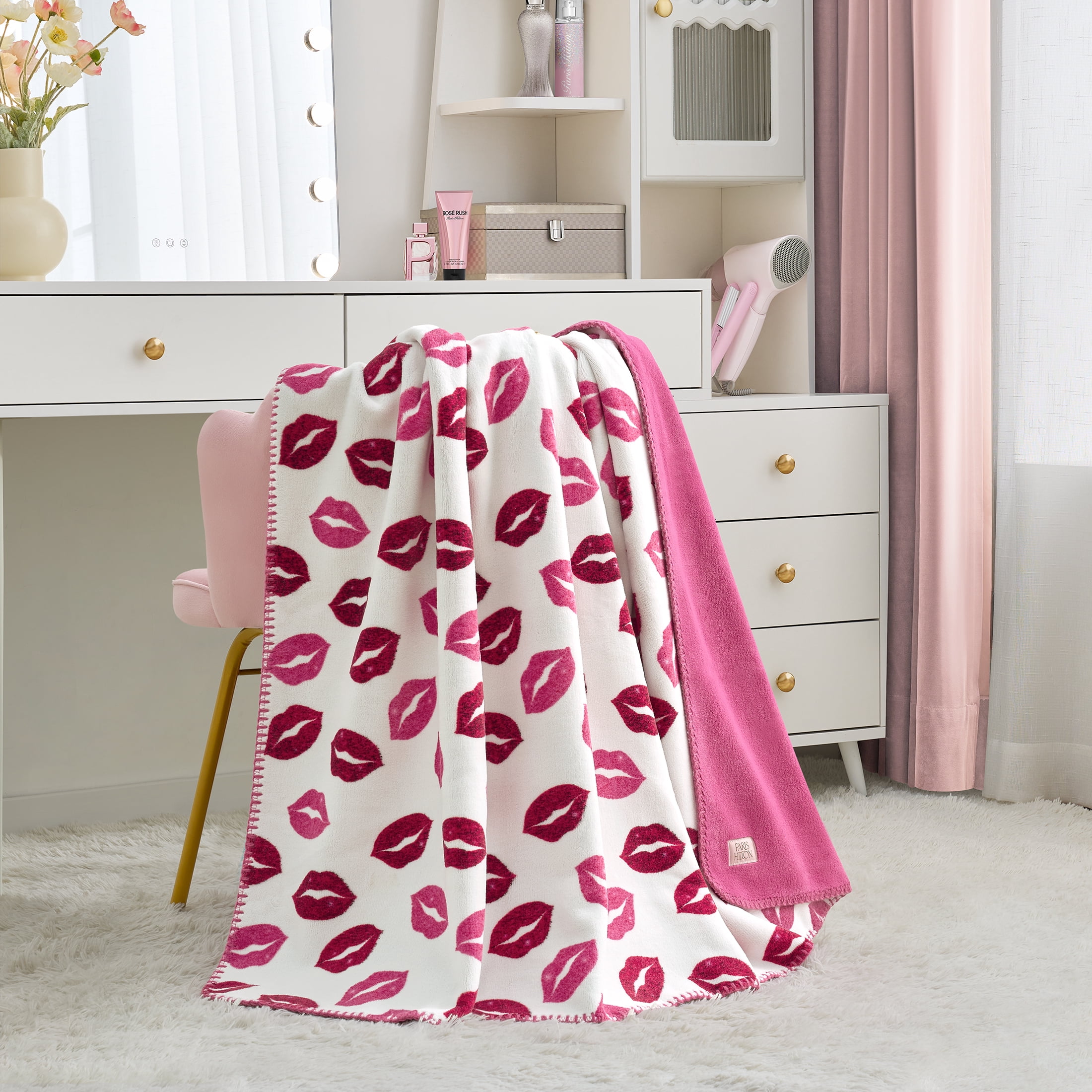 Paris Hilton Plush Throw Blanket, Reversible Fleece, 60" x 70", Pink Glitter Lips