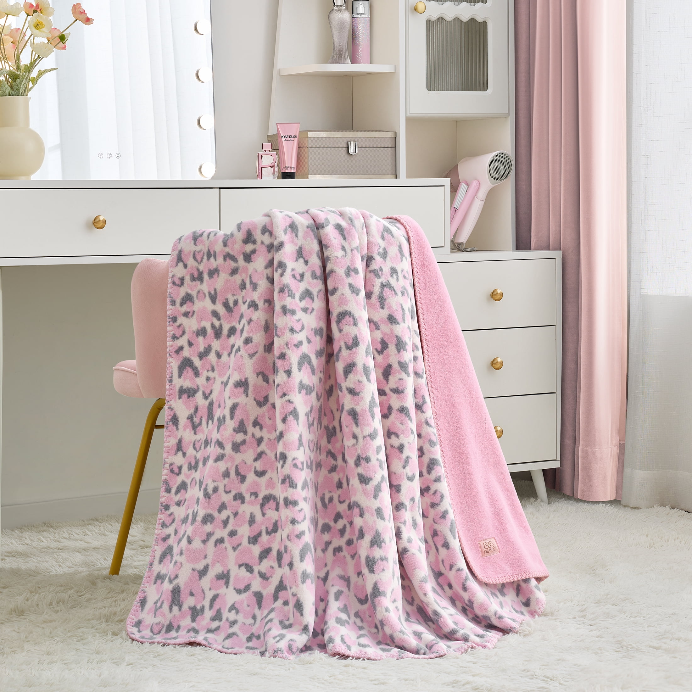 Paris Hilton Plush Throw Blanket, Reversible Fleece, 60" x 70", Pink Leopard