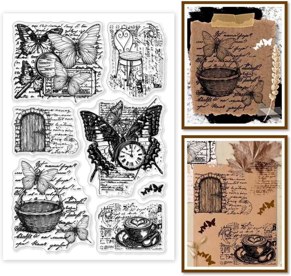 PH Retro Life Elements Clear Stamps for Card Making Butterfly Silicone ...