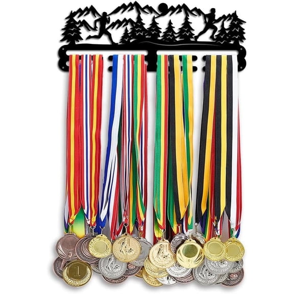 PH Running Medals Display Frame Mountain Forest Medal Holder Awards Sports Ribbon Holder Medal Display Rack Wall Mount Tiered Medal Hook for Over 60 Medals Runner Athletes Competition Black DIY