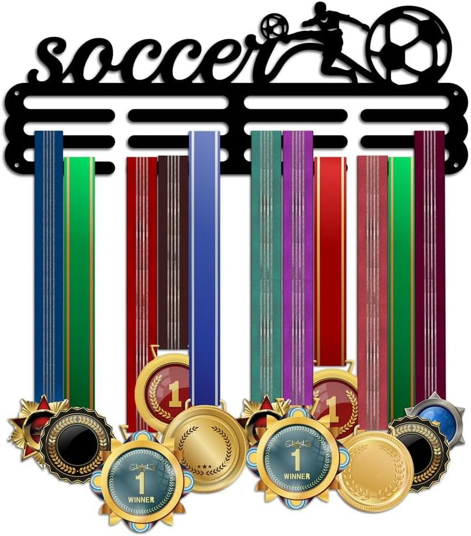PH Soccer Medal Hanger Football Medal Display Sports Ribbon Holder Ball Competition Medal Holder Medals Display Awards Medal Rack Wall Mount Tiered Medal Hook for Athletes Competition Black DIY