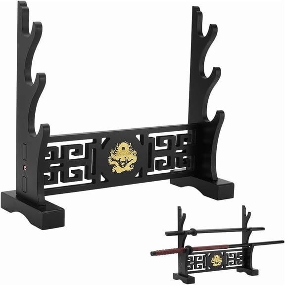 PH Stand 3-Tier Wood Katana Display Stand Japanese Samurai Holder Display Hanger Rack with Silver Dragon for Light Saber Katana Wakizashi Tanto Genji Black 1 Pack Black
