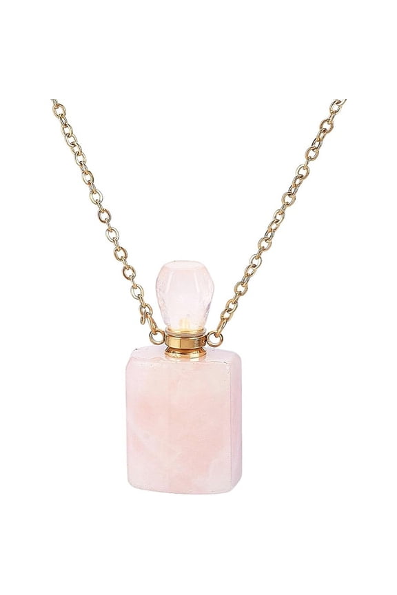 PH Stone Perfume Bottle Necklace Natural Rose Quartz Essential Oil Pendant Necklace Rectangle Vial Necklaces with Golden Chain for Women Jewelry Pink