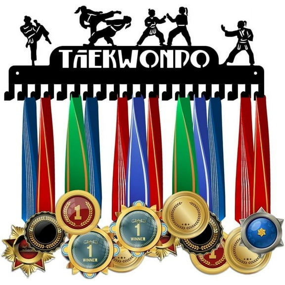 PH Taekwondo Medal Hanger Display 20 Hooks Trophy Shelf Medal Holder Rack Wall Mount Hanger Decor Award Rack Award Ribbon Hanger with Gift Box for Over 50 Medals Easy to Install Black
