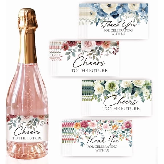 PH Wine Labels for Bottles Flower Wine Bottle Labels 40pcs 4 Styles 3.5x2 Inch Adhesive Wine Label Thank You Label Sticker Cheers Stickers for Wine Wedding Engagement Anniversary Christmas Colorful