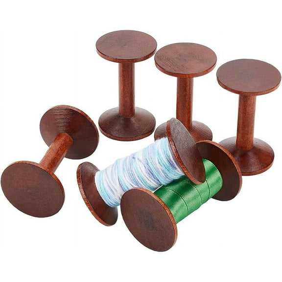 PH Wooden Spools 6pcs Empty Wood Thread Spools Sewing Bobbins Spools Craft for Wire Weaving Ribbon Embroidery Thread Jewelry Chain Wrapping Arts Crafts Thread Cord Roll 2.4x1.5 Inch
