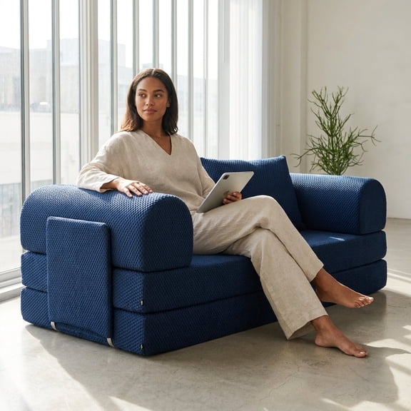 PHAF 3-Seater Convertible Sleeper Sofa, Converts to Queen Bed - Blue
