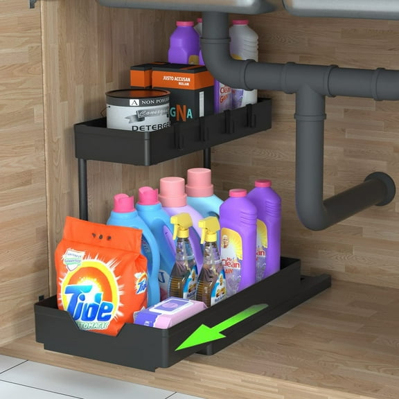 PHANCIR 1-Pack Under Sink Organizer Storage, 2 Tier L-Shape Multi-Purpose Large Capacity Kitchen Under Sink Organizers for Narrow Space Easy Access Sliding Storage Drawer with Hooks for Bathroom