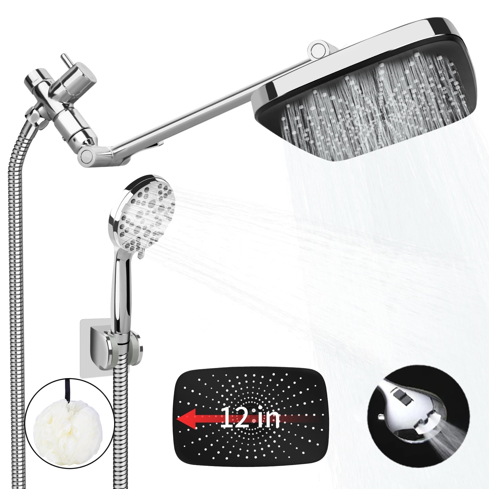 PHANCIR 12" High-Pressure Rain Shower Head Set with  11" Adjustable Extension Arm. Anti-Clog Nozzles & Versatile Spray Settings, 60" Hose, Chrome