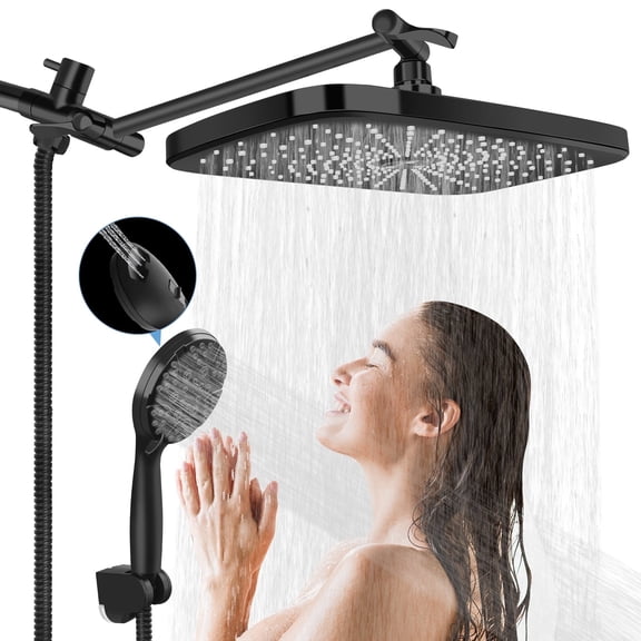 PHANCIR 12 Inch Rain Shower Head Combo, High Pressure Rainfall with Ajustable Extension Arm, 7 Modes Handheld Showerhead for Bathroom, Black