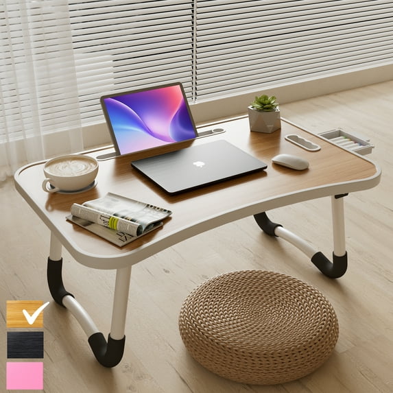 PHANCIR Lap Desk with Handle, 23.6" Foldable Wood Laptop Desk Nonslip, Durable Edge with Slots Cup Holder & Drawer, for Home Reading Writing Eating & On-the-Go Use, Walnut