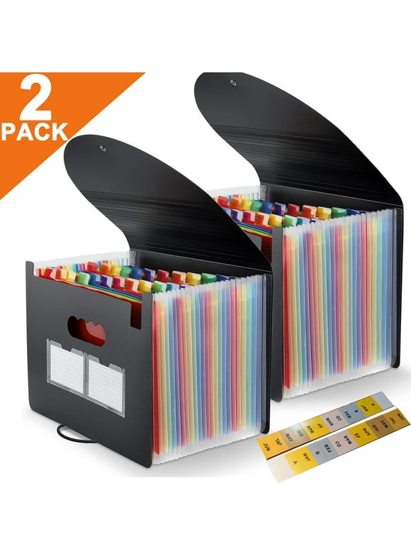 PHANCIR 2-Pack 24 Pockets Accordion File Organizer, Office Supplies Organizers with Cover, A4 Letter Size File Box, Plastic Colored Paper Organizer Expanding File Folder with A-Z/Month Sticker Tabs