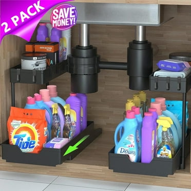 PHANCIR 2-Pack Under Sink Organizer Storage, 2 Tier L-Shape Multi-Purpose Large Capacity Kitchen Under Sink Organizers for Narrow Space Easy Access Sliding Storage Drawer with Hooks for Bathroom
