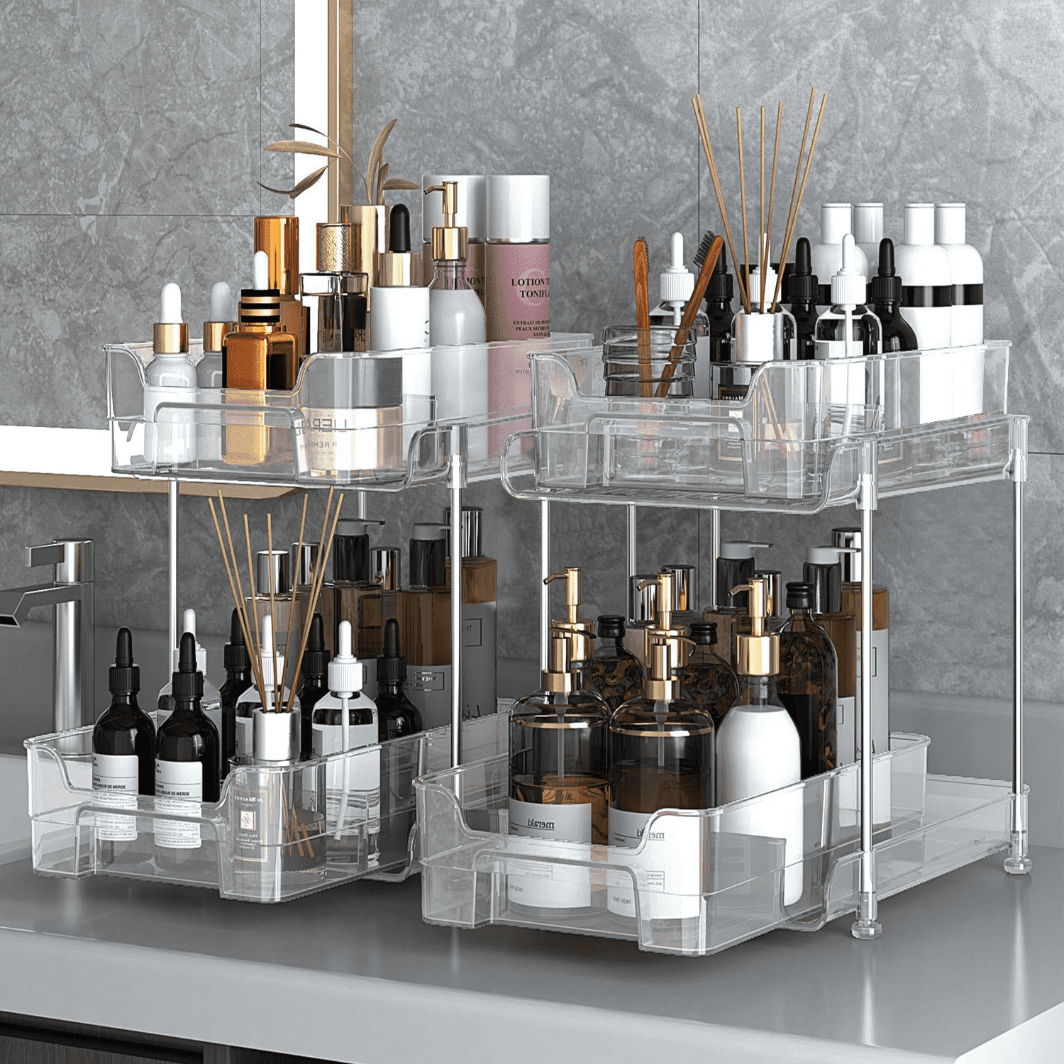 PHANCIR 2-Pack Under Sink Organizer Storage, 2-Tier 11.4" Tall Under Sink Storage Organizer, Clear