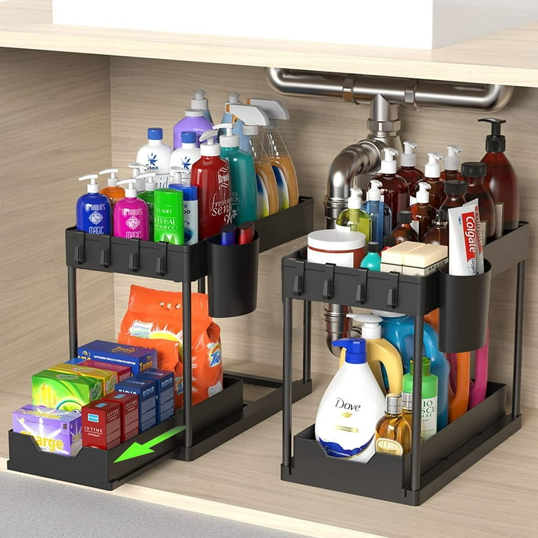Also Go 2-Pack Under Sink Organizers and Storage with Sliding Drawer, 2-Tier Bathroom Under Sink Shelf Rack w/Hanging Cups, Multipurpose Kitchen Under Cabinet