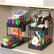 PHANCIR 2-Pack Under Sink Organizer, 2 Tier Multi-Purpose Large Capacity Kitchen Under Sink Organizers And Storage Easy Access Sliding Storage Drawer With Hooks And Hanging Cup For Bathroom Under Sink