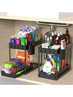 PHANCIR 2-Pack Under Sink Organizer, 2 Tier Multi-Purpose Large Capacity Kitchen Under Sink Organizers And Storage Easy Access Sliding Storage Drawer With Hooks And Hanging Cup For Bathroom Under Sink