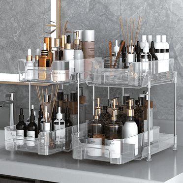PHANCIR 2-Pack Under Sink Organizer Storage, 2-Tier 11.4" Tall Under Sink Storage Organizer, Clear