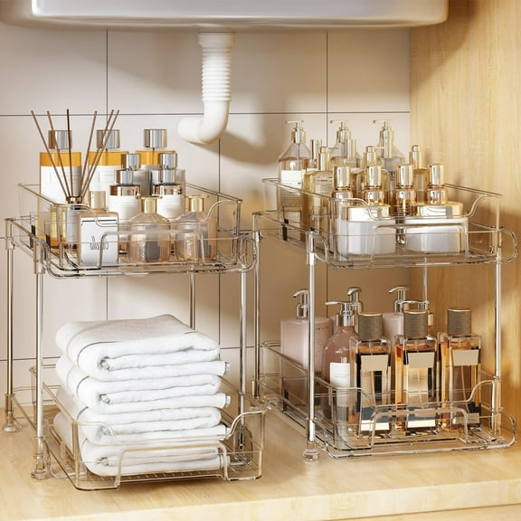 PHANCIR 2-Pack Under Sink Organizer Storage, 2-Tier 11.4" Tall Under Sink Storage Organizer, Clear
