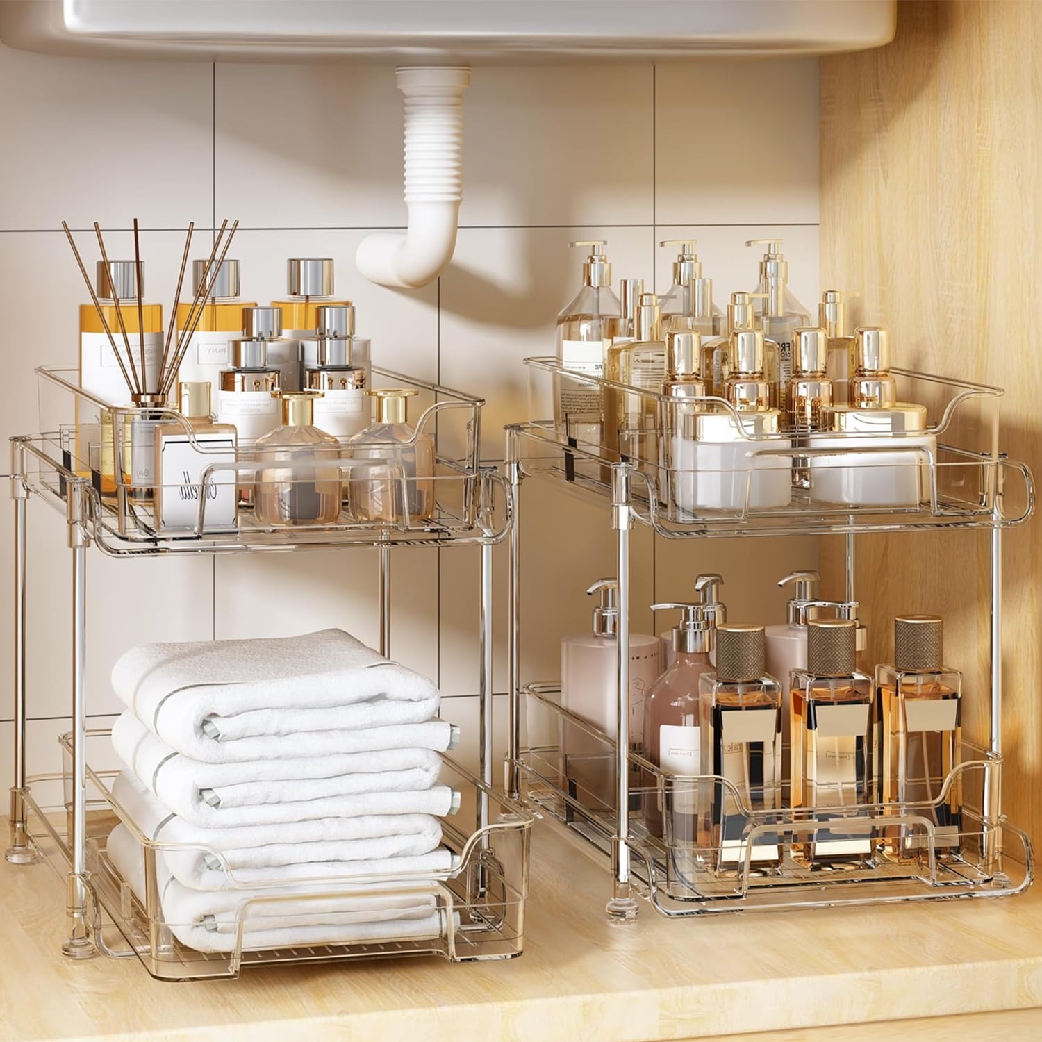 PHANCIR 2-Pack Under Sink Organizer Storage, 2-Tier 11.4" Tall Under Sink Storage Organizer, Clear