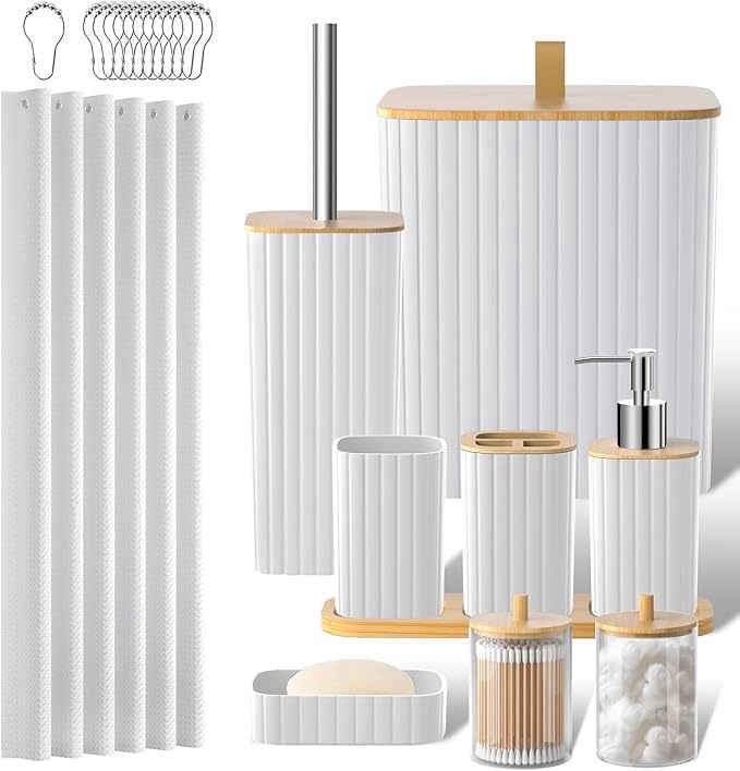 PHANCIR Bathroom Accessories Set-22 PCS Bathroom Set with Shower Curtain and Hooks, Toilet Brush, Trash Can & Soap Dish, White