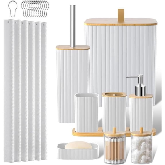 PHANCIR Bathroom Accessories Set-22 PCS Bathroom Set with Shower Curtain and Hooks, Toilet Brush, Trash Can & Soap Dish, White