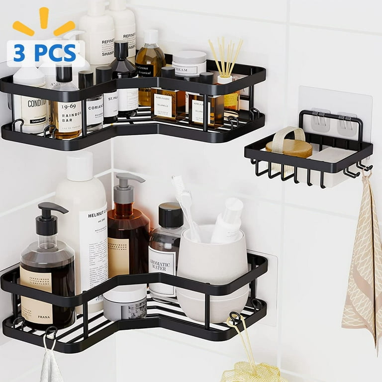 Black Shower Caddy, Metal Shower Shelf Wall Mounted Bathroom Shelves with  Hooks, Shower Organizer for Shampoo, Bathroom Wall Storage Basket, No
