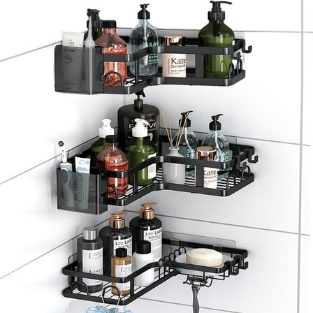PHANCIR 5 PCS Corner Shower Caddy, No Drilling Stainless Steel Shower Storage Rack with Hooks & Toothpaste Holder for Bathroom, Black