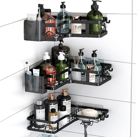 PHANCIR 5 PCS Corner Shower Caddy, No Drilling Stainless Steel Shower Storage Rack with Hooks & Toothpaste Holder for Bathroom, Black