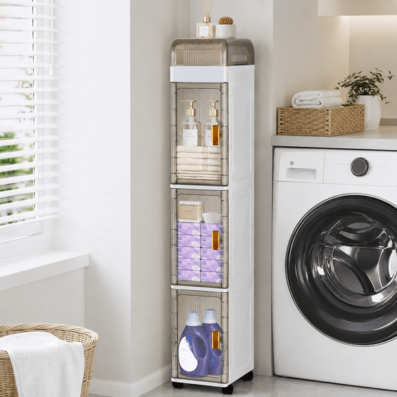 PHANCIR 3-Tier Tall Bathroom Storage Cabinets, Narrow Cabinet Bathroom Storage Tower with Wheels, for Small Spaces, White