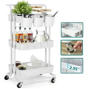 PHANCIR 3-Tier Utility Rolling Cart with Lockable Wheels, Stable Kitchen Storage Cart with 3 Cups&4 Hooks, Large Capacity Storage Cart for Kitchen Bathroom Art Craft Organizer, White