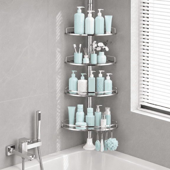 PHANCIR 4 Tier Shower Caddy with Tension Pole, Stainless Steel Corner Shower Organizer & 4 Hooks, for Bath Essentials, Fits 38.6”-102”, Silver