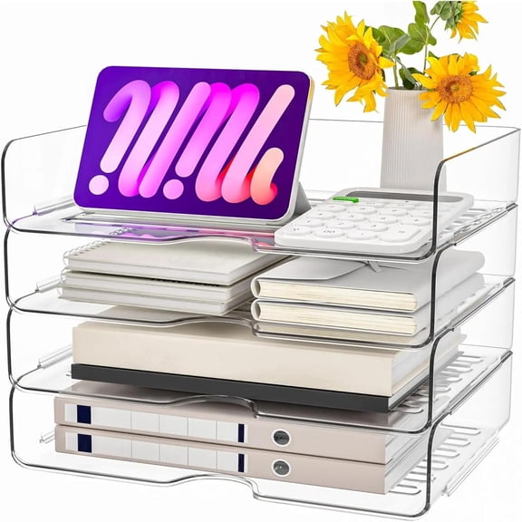 PHANCIR Clear 4-Tier Stackable Desk Organizer, Horizontal Paper File Tray, Desktop Document Sorter & Storage for Office, Home, School, Holds A4, Letters, Notebooks, Books & Office Supplies