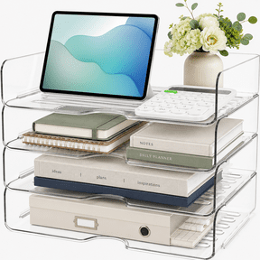 PHANCIR Clear 4-Tier Stackable Desk Organizer, Horizontal Paper File Tray, Desktop Document Sorter & Storage for Office, Home, School, Holds A4, Letters, Notebooks, Books & Office Supplies
