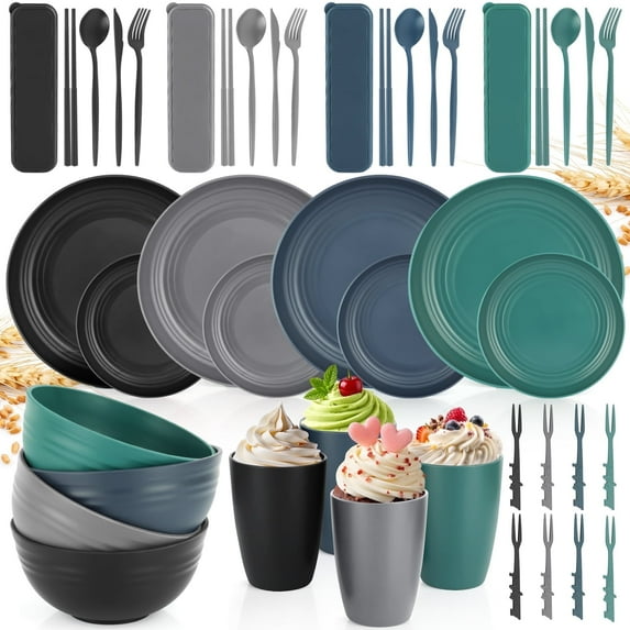 PHANCIR Wheat Straw Dinnerware Sets 48 PCS, Unbreakable Plates and Bowls Sets, Dishwasher Microwave Safe Dinnerware, for 4 People Travel Camping Picnic Home Party Cutlery Set, Multi Color
